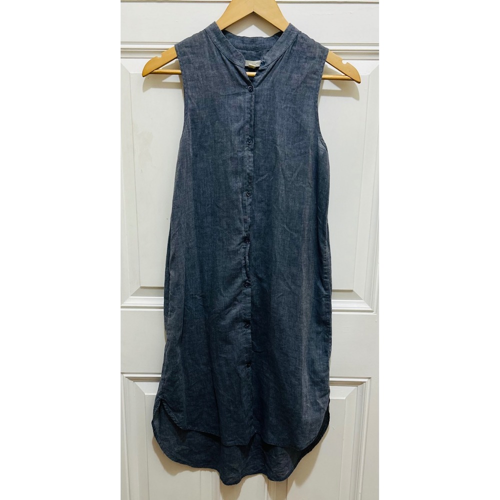 Eileen Fisher Organic Cotton Sleeveless‎ Button Front Dress XS Gray Blue